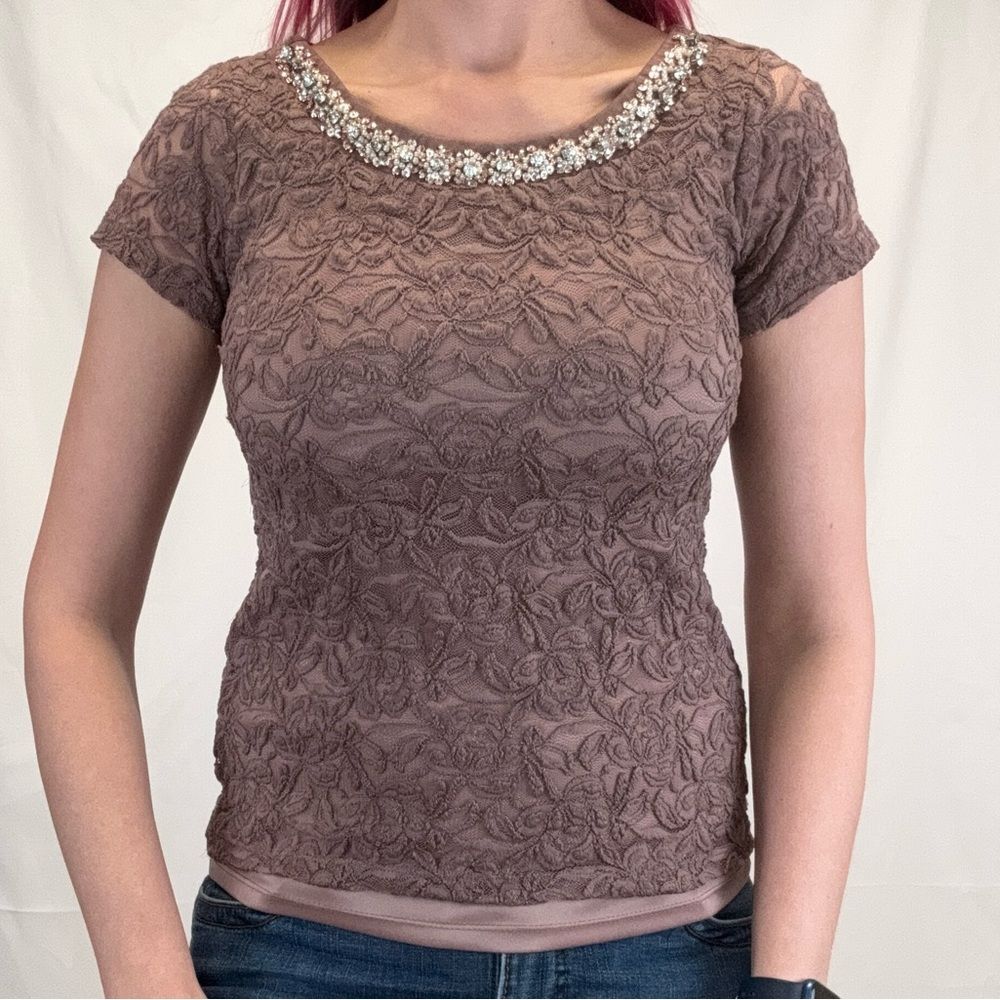 La Vanya Women's Lace Overlay Jeweled Neck Top Purple Stretch Tee Small